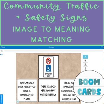 Preview of Community, Safety & Traffic Signs Vocab Image to Meaning Match Boom Cards