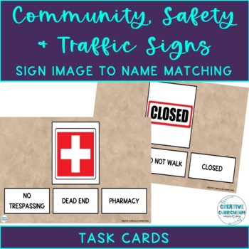 Preview of Community, Safety & Traffic Signs Vocab Image to Name Matching Task Cards