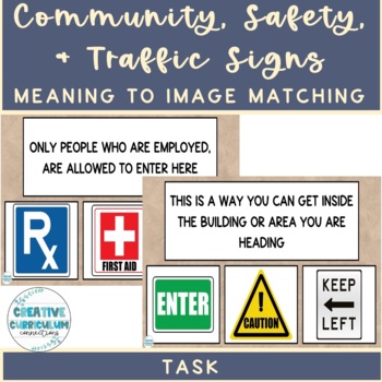 Preview of Community, Safety & Traffic Signs Vocab Meaning to Image Match Task Cards 2