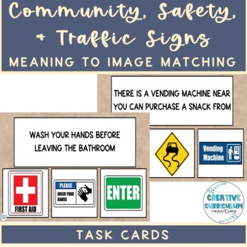 Preview of Community, Safety & Traffic Signs Vocab Meaning to Image Match Task Cards 3