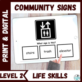 Preview of Community Signs Functional Life Skills Literacy PLUS Task Cards Level 2