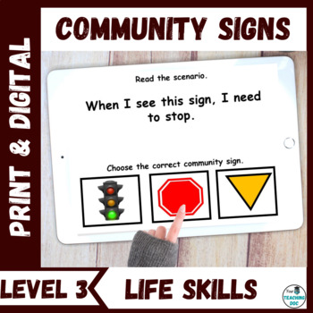 Preview of Community Signs Functional Life Skills Literacy PLUS Task Cards Level 3