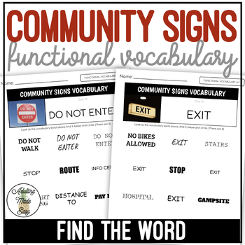 Preview of Community Signs Functional Vocabulary FIND THE WORD Worksheets
