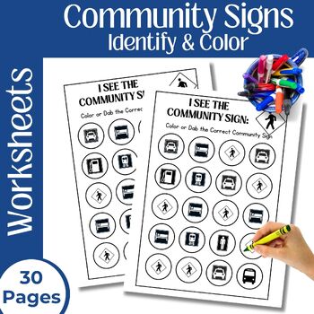 Preview of Community Signs - Identify, Color, DOT Worksheets for Life Skills (DAB)