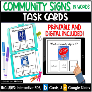 Preview of Community Signs Matching Words | Social Studies Task Cards | Boom Cards