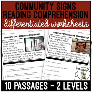 Preview of Community Signs Simplified Reading Comprehension Worksheets