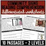 Community Signs Simplified Reading Comprehension Worksheets