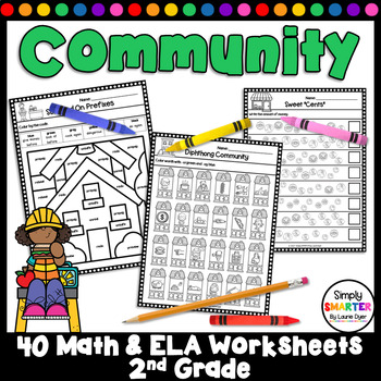 Preview of Community Themed 2nd Grade Math and Literacy Worksheets and Activities