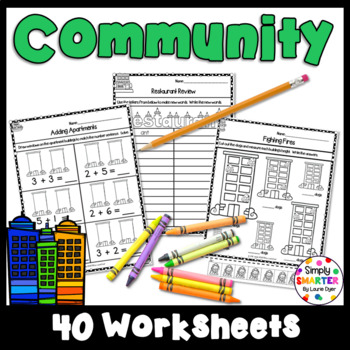 Preview of Community Themed Kindergarten Math and Literacy Worksheets And Activities