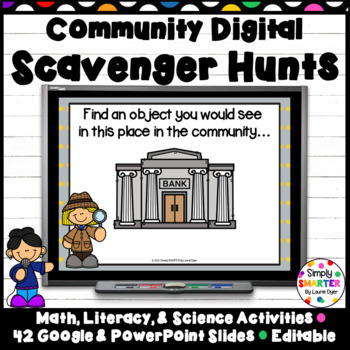 Preview of Community Themed Math, Literacy, and Social Studies DIGITAL Scavenger Hunts