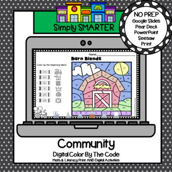 Preview of Community Themed Print & Digital Math & Literacy Color By Code Activities