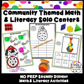 Preview of Community Themed Solo Math And Literacy Socially Distanced Kindergarten Centers