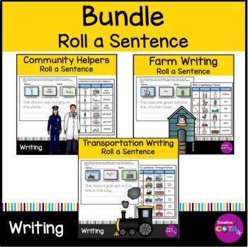 Preview of Community helpers Farm and Transportation Roll a Sentence Writing Center Bundle