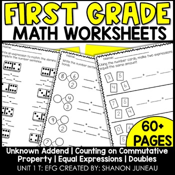 Preview of Commutative Property of Addition, Equal Expressions 1st Grade Math Worksheets