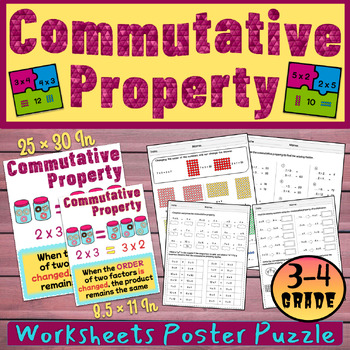 Preview of Commutative Property of Multiplication Worksheet, Poster, Puzzle 3rd, 4th Grade