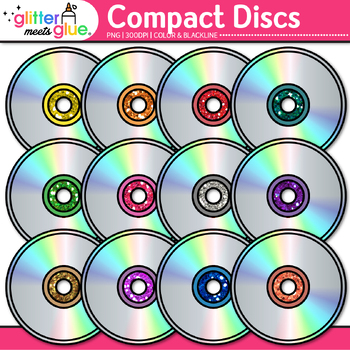 Preview of Compact Disc Clipart: 13 Colorful Digital Classroom Technology Clip Art PNG B&W