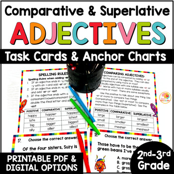 Preview of Comparative and Superlative Adjectives Task Cards & Anchor Charts 2nd & 3rd Gr