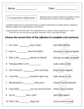 Comparative and Superlative Adjectives Worksheets by Homework Hut