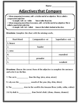 Preview of Comparative and Superlative Adjectives Worksheets -er and -est Worksheet Roots