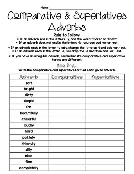 comparative and superlative adverb handout practice tpt