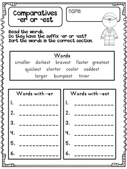 Comparatives -ER and -EST Word Work Pack by Hope Blumenthal | TpT