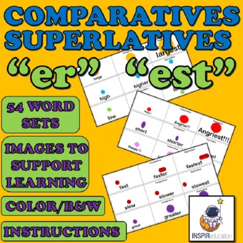 Preview of Comparatives and Superlatives: Spelling developing "er" and "est", 54 word sets