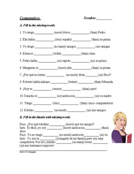 Preview of Spanish Comparatives Worksheet: Comparativos - mejor, peor, tanto, tan etc.