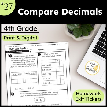 Preview of Compare Decimals Exit Tickets, Worksheets, Vocabulary -iReady Math 4th Grade L27