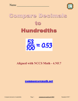 Preview of Compare Decimals to Hundredths - 4.NF.7