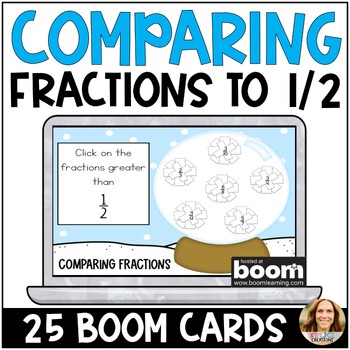 Preview of Compare Fractions to 1/2 Winter Boom Cards - 4th Grade Digital Math Center