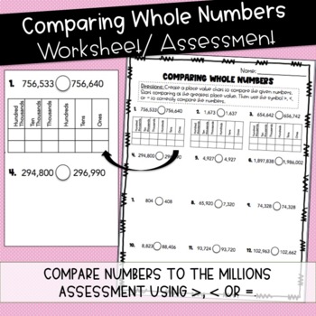 Preview of Compare Large Whole Numbers Worksheet or Assessment