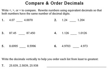 compare order decimals 5th grade worksheets individualized math