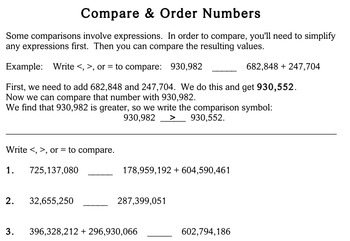 compare order numbers 5th grade worksheets individualized math