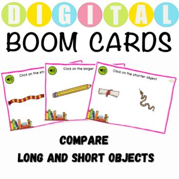 Preview of Compare The Long And Short Objects With Audio For Preschoolers - Boom Cards™