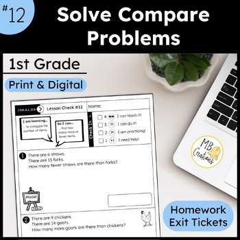 Preview of Bar Model Comparing Word Problem Worksheet L12 1st Grade iReady Math Exit Ticket