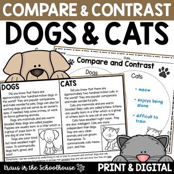 Preview of Compare and Contrast Dogs and Cats Worksheets & Activity Sheets