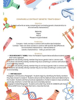 Preview of Compare and Contrast Genetic Traits Essay w/graphic organizer