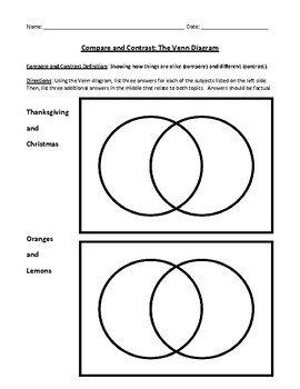 Preview of Compare and Contrast Worksheet with Topics, Venn Diagram, and Answer Key
