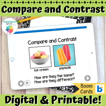 Preview of Compare and Contrast Speech Therapy Vocabulary Activity Task Cards + Boom Cards™