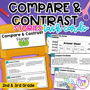 Preview of Compare and Contrast Stories Reading Task Cards 2nd & 3rd Grade - RL.2.9 RL.3.9