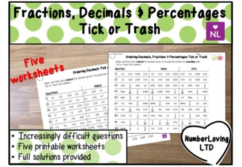 Preview of Compare and Order Fractions, Decimals and Percentages (Tick or Trash)