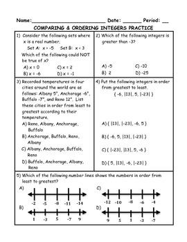 Preview of Comparing and Ordering Integers Word Problem Practice PLUS Spiral Review