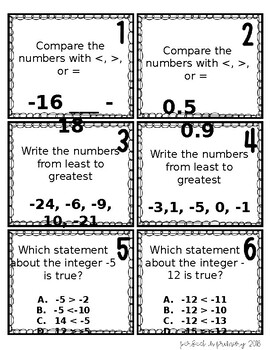 Preview of Compare and Order Integers Task Cards