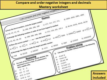 Preview of Compare and order negative integers and decimals - mastery worksheet