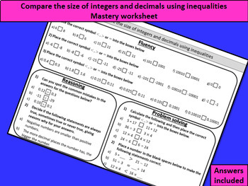 Preview of Compare the size of integers and decimals using inequalities- mastery worksheet