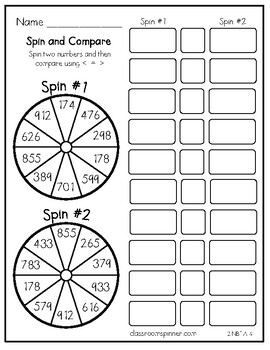 Compare two three-digit numbers - Spinner Activity by ClassroomSpinner