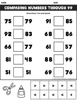 comparing 2 digit numbers first grade cut and paste practice tpt