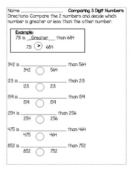 comparing three digit numbers worksheet teaching resources tpt