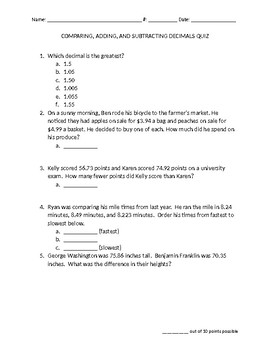 Preview of Comparing, Adding, and Subtracting Decimals Quiz