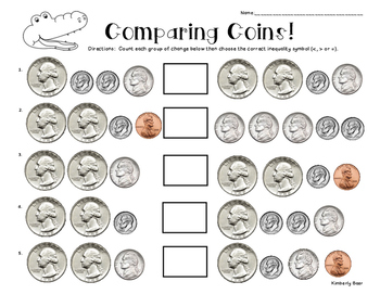 Preview of Comparing Coins Money Worksheet - Counting and Comparing Sets of Coins